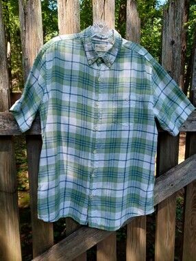 Short-Sleeve Green Plaid Button-Up Shirt - Original Weatherproof Vintage